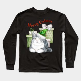 Merry Catmas Cute Cat In Green Santa Hat Long Sleeve T-Shirt